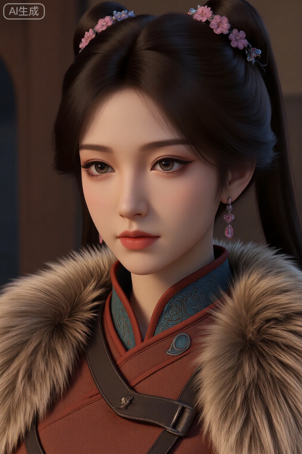 1girl, solo, earrings, jewelry, hair ornament, twintails, realistic, black hair, flower, hair flower, closed mouth, long hair, upper body, fur trim, chinese clothes, lips