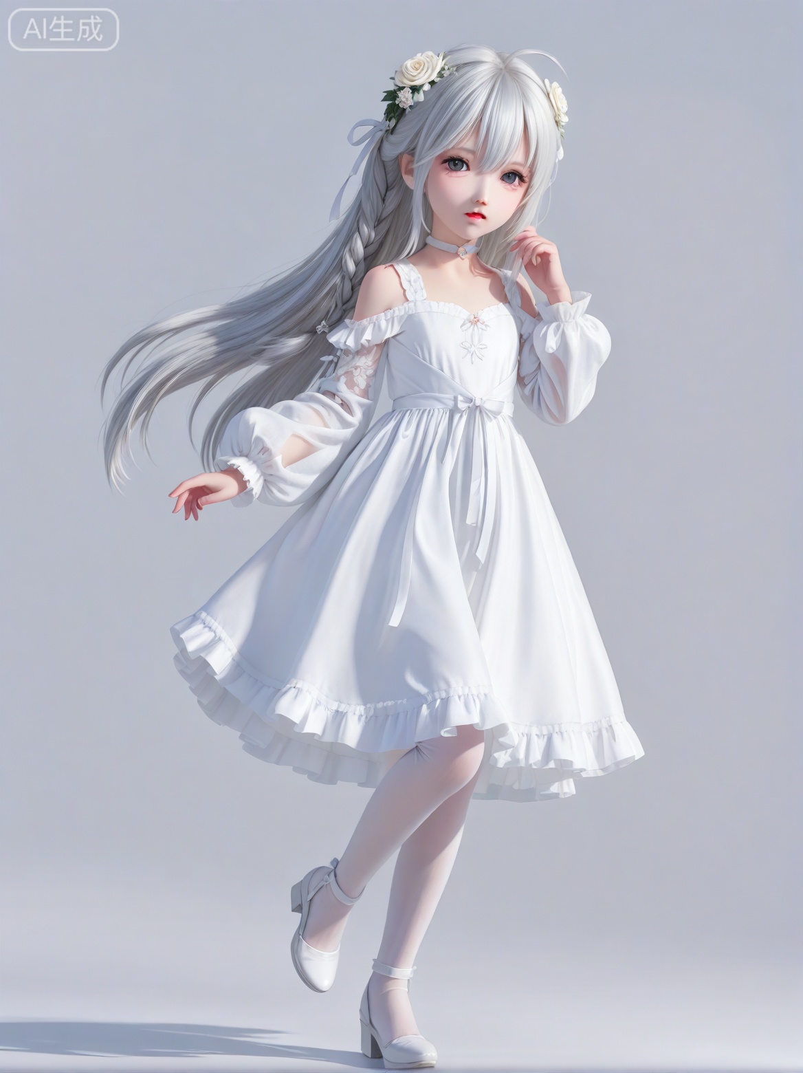 loli,petite,1girl, solo, long hair, high heels, white theme, flower, hair flower, white rose, white flower, full body, hair ornament, dress, white hair, white dress, pantyhose, looking at viewer, white background, rose, simple background, grey eyes, white pantyhose, braid, white footwear, parted lips, very long hair, shoulder cutout, long sleeves, frills, ribbon, skirt, hair ribbon, white ribbon, single braid, white skirt, standing, hair between eyes, hand up, hand in own hair, shirt, clothing cutout, puffy sleeves, white eyes, frilled dress, floating hair, ahoge, standing on one leg, choker, open mouth, detached sleeves, puffy long sleeves, bare shoulders, white shirt, white choker
