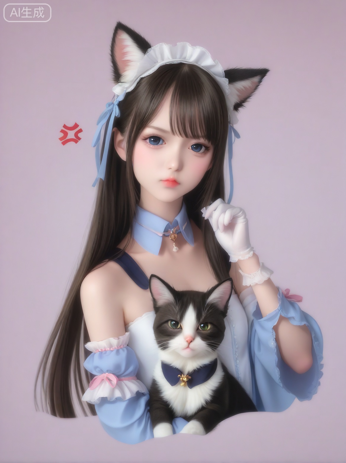 1girl, :<, anger vein, animal, animal ears, animalization, annoyed, bare shoulders, blue eyes, brown hair, cat, cat ears, cat girl, closed mouth, cropped torso, detached collar, detached sleeves, gloves, hand up, headdress, kemonomimi mode, long hair, long sleeves, looking at viewer, person and animalization, solo, upper body, white gloves, white headdress