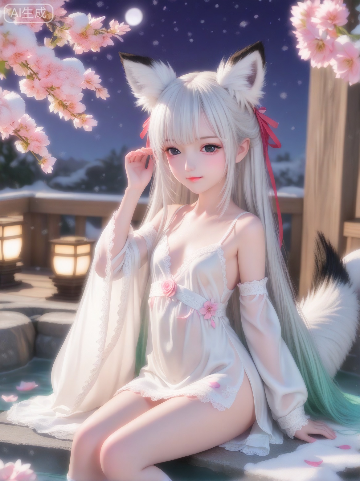 (best quality:1.2),(ultra highres:1.2),(delicate illustration:1.2),(hyper detailed:1.2),((1girl)),solo,masterpiece,(8k),big eyes,(big head:1.2),(True Shadows),milf,lens flare,ray tracing,hair strand,(wet dress:1),snow,(detailed eyes:1.1),[close to face],[[cowboy shot]],((child:1.2)),tsundere,((flowers meadows)),peach blossom,（kyuubi：1.2）,
smirk,petite, small breasts,cherry blossoms,fine fabric emphasis,off shoulder,True Shadows,Tulle material,wet dress,wet hair,tail,(fox tail:1.2),petals,flower,rose petals, wedding dress,
blunt bangs,hair tucking,shadow,realisti:1.3,A soft tail,rose,(Cat tail:1.1),(white hair:1.1),（foot：1.2）,sitting,cat girl,
detached sleeves,perfect hands,,small breasts ,ribbon,(gradient hair),
big hair,very long hair,comb over,widow's peak,hair over one eye,perfect hands, (sakura tree),small breasts ,babydoll,chiffon,kyuubi,yukata,falling sakura leaves, highly detailed,partially submerged,(white legwear:1.3),
moonlit sky, moon in the sky, night time, falling sakura leaves, highly detailed,water,