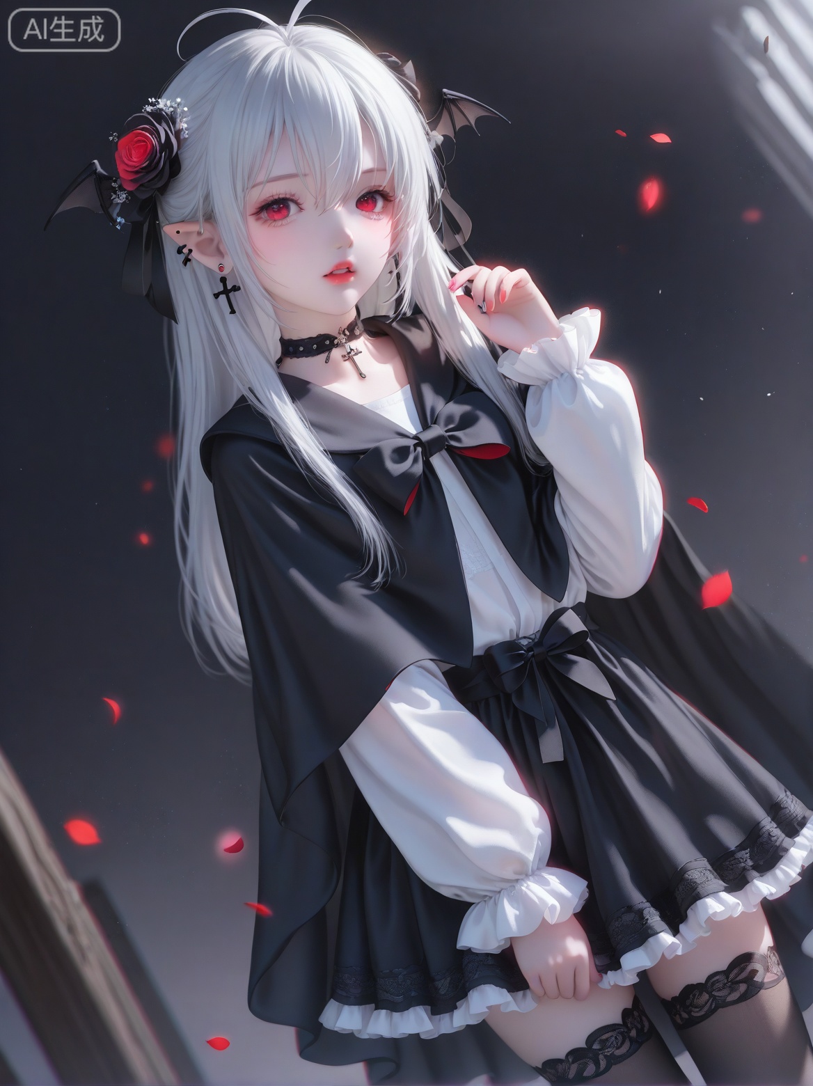 masterpiece,very aware,highres,absurdres,newest,best quality,petite,high quality,chromatic_aberration,cinematic_angle,dutch angle,child,petite,//,umehara,konya karasue,//,1girl, solo, long hair, looking at viewer, bangs, skirt, shirt, hair ornament, red eyes, thighhighs, long sleeves, bow, hair between eyes, jewelry, white shirt, flower, ahoge, white hair, cowboy shot, earrings, frills, parted lips, choker, pointy ears, hand up, hair flower, black skirt, petals, black bow, capelet, rose, black choker, cross, frilled skirt, ear piercing, bat \(animal\), vampire, black capelet, cross earrings, black flower, black rose
﻿
,no panties
