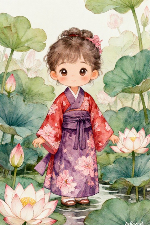 Create an illustration in featuring a cute child wearing a red-purple hanfu dress adorned with pink floral patterns. Set t...
