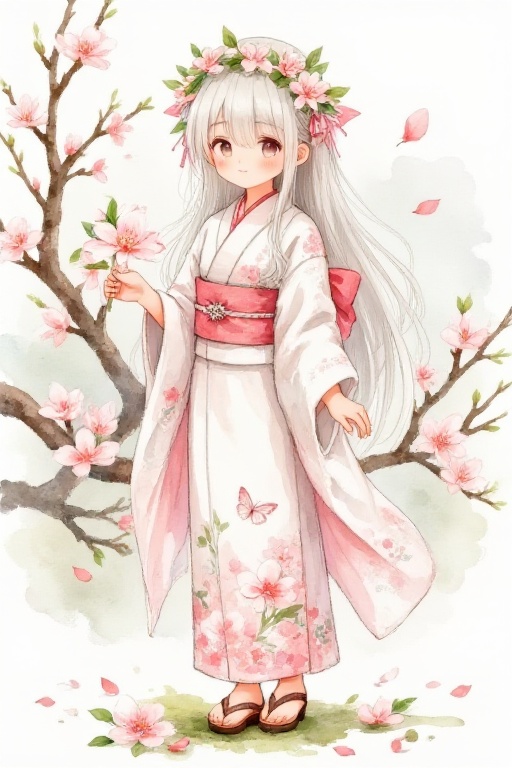 Create a whimsical watercolor illustration in . Depict a character dressed in a traditional Japanese kimono adorned with c...