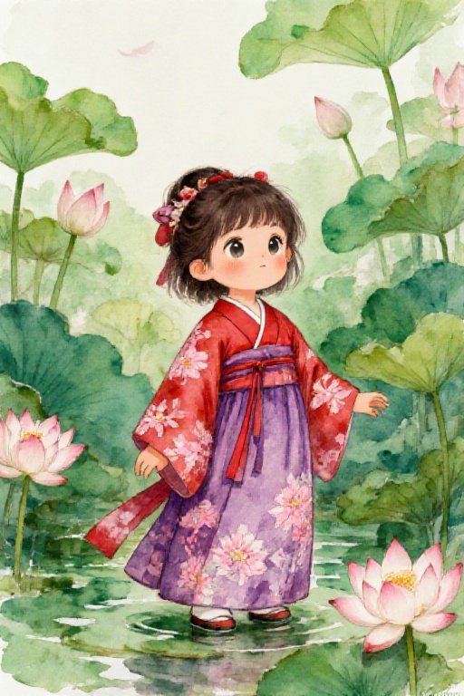 featuring a cute child wearing a red-purple hanfu dress adorned with pink floral patterns. Set the scene in a serene emera...