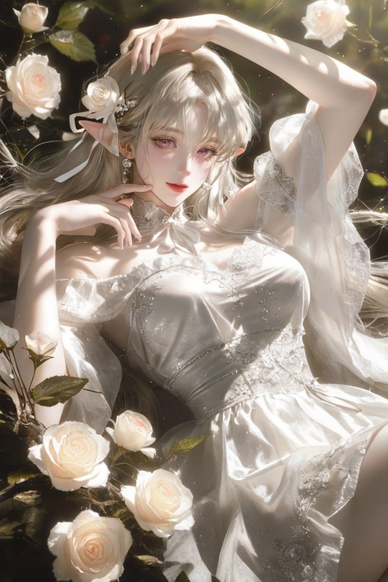 beautiful ethereal elf princess in enchanted forest,  long voluminous wavy platinum blonde hair flowing gently with soft c...