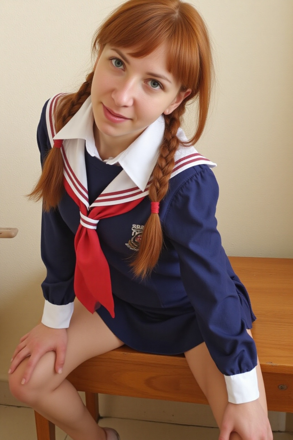 lilyaohwx with red hair in braided pigtails,  dressed in a student-like uniform,  sits on a wooden desk on Tensor.Art