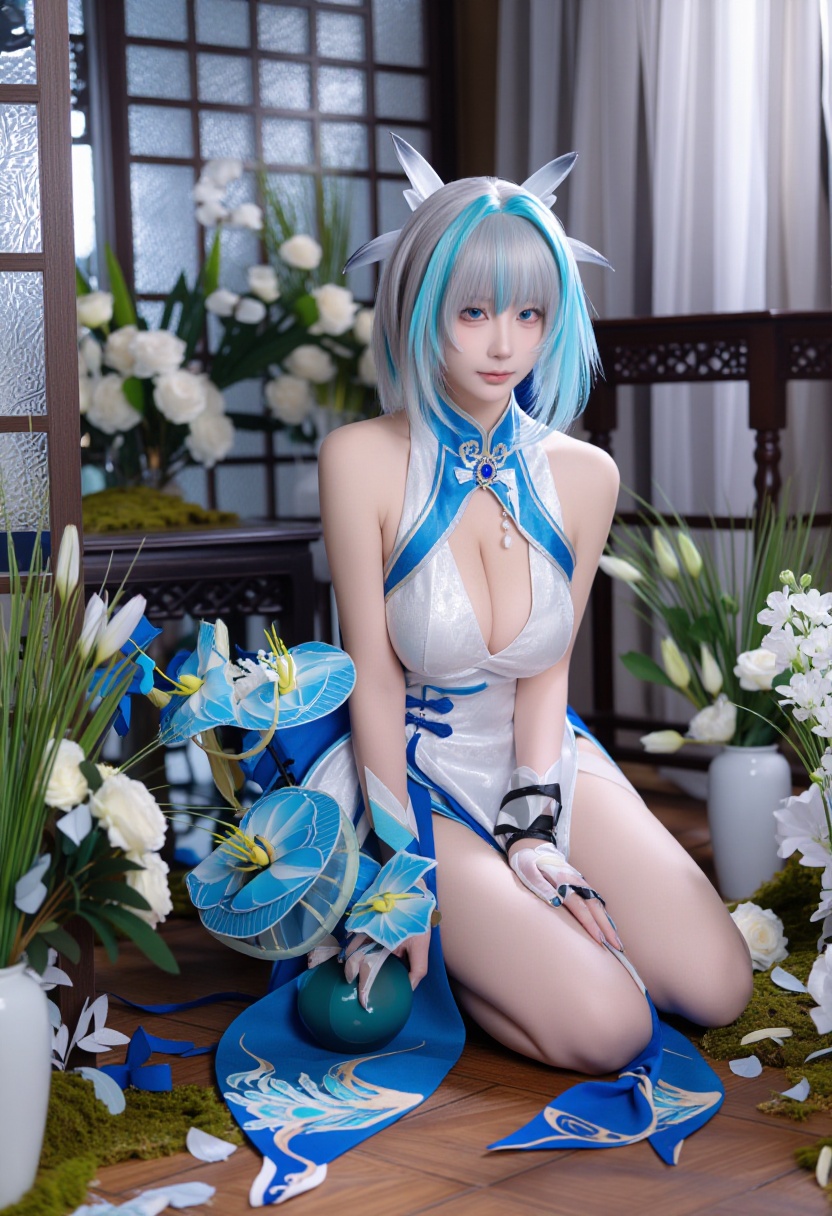 A young Asian woman with pale skin and short silver-blue hair styled in cat ears poses indoors. She wears a revealing whit...