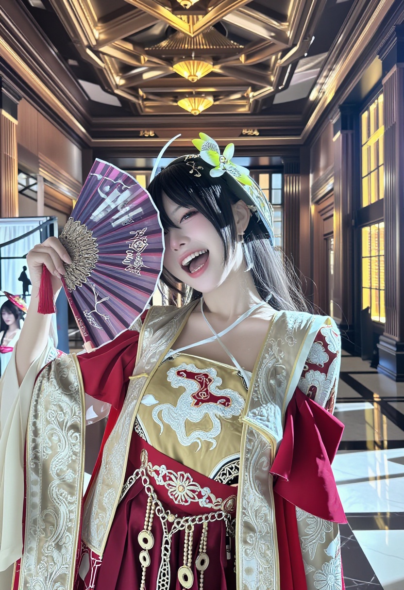 A Chinese woman portraying HuoHuo from Honkai: Star Rail,  an elegant aristocrat dressed in a heavily embroidered red and...