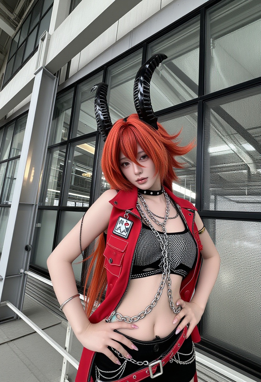 A sharp photograph of a young Thai woman portraying Surtr with fiery red hair and sharp black tactical horns. She wears a...