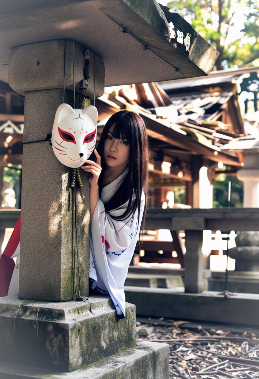 A Japanese woman portraying a ghostly,  slightly tattered version of the fox spirit peeking from behind a weathered stone...