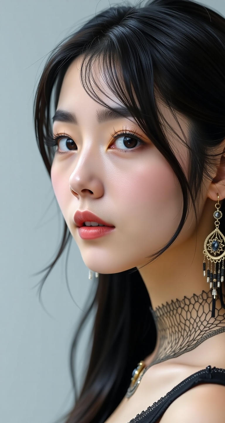 Create a realistic scene of a 1girl solo long hair looking at viewer black hair jewelry earrings parted lips teeth black e...