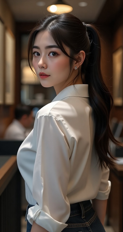 Create a realistic scene of a 1girl solo long hair looking at viewer shirt black hair jewelry white shirt ponytail ass ear...