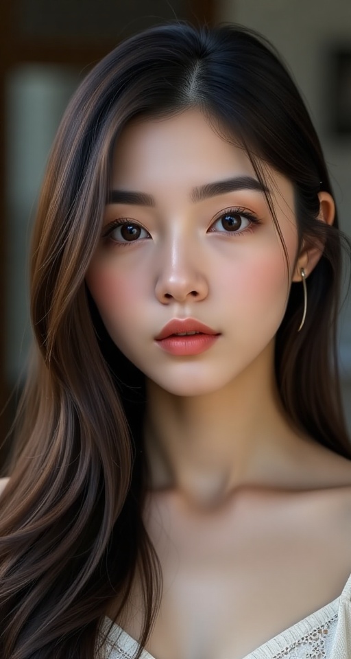Create a realistic scene of a 1girl solo long hair looking at viewer brown hair black hair parted lips portrait realistic...
