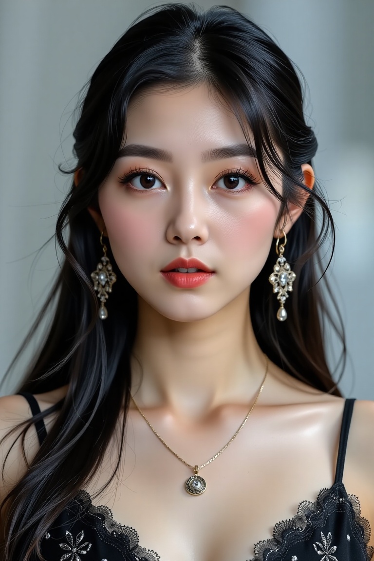 Create a realistic scene of a 1girl solo long hair looking at viewer black hair jewelry earrings parted lips teeth black e...