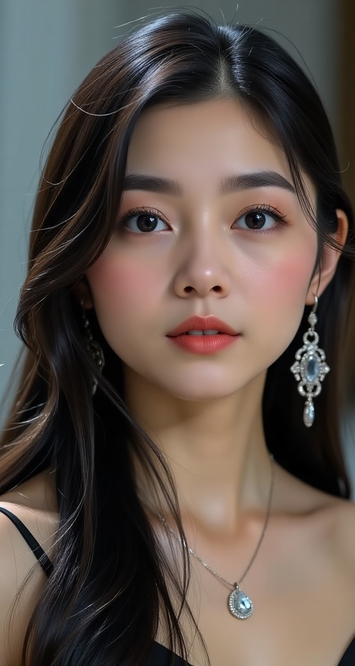 Create a realistic scene of a 1girl solo long hair looking at viewer black hair jewelry earrings parted lips teeth black e...