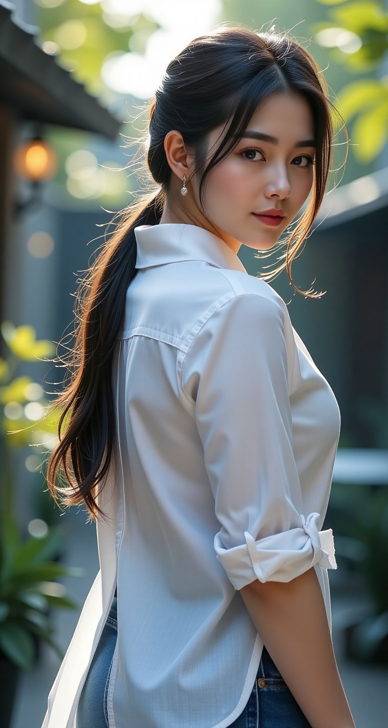 Create a realistic scene of a 1girl solo long hair looking at viewer shirt black hair jewelry white shirt ponytail ass ear...