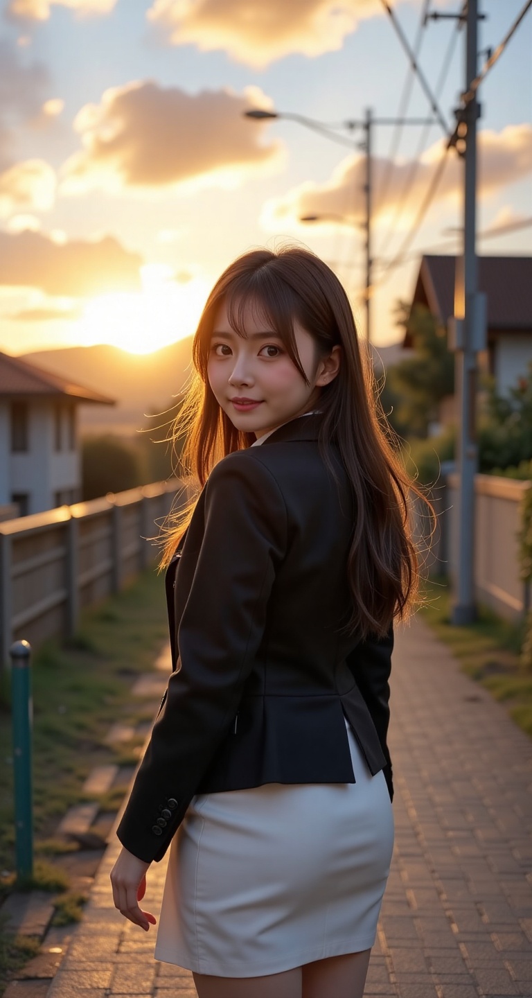 Create a realistic scene of a 1girl solo long hair looking at viewer smile bangs skirt brown hair brown eyes jacket outdoo...