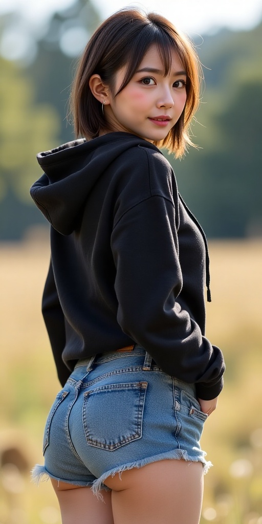 Create a realistic scene of a solo 1girl looking at the viewer with a subtle blush and a gentle smile. She has short brown...