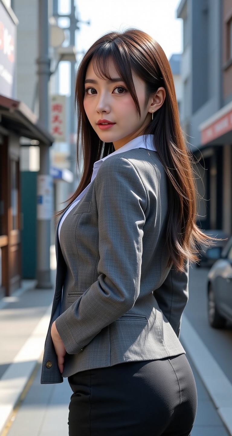 Create a realistic scene of a 1girl solo long hair breasts looking at viewer bangs skirt brown hair jacket white shirt ass...