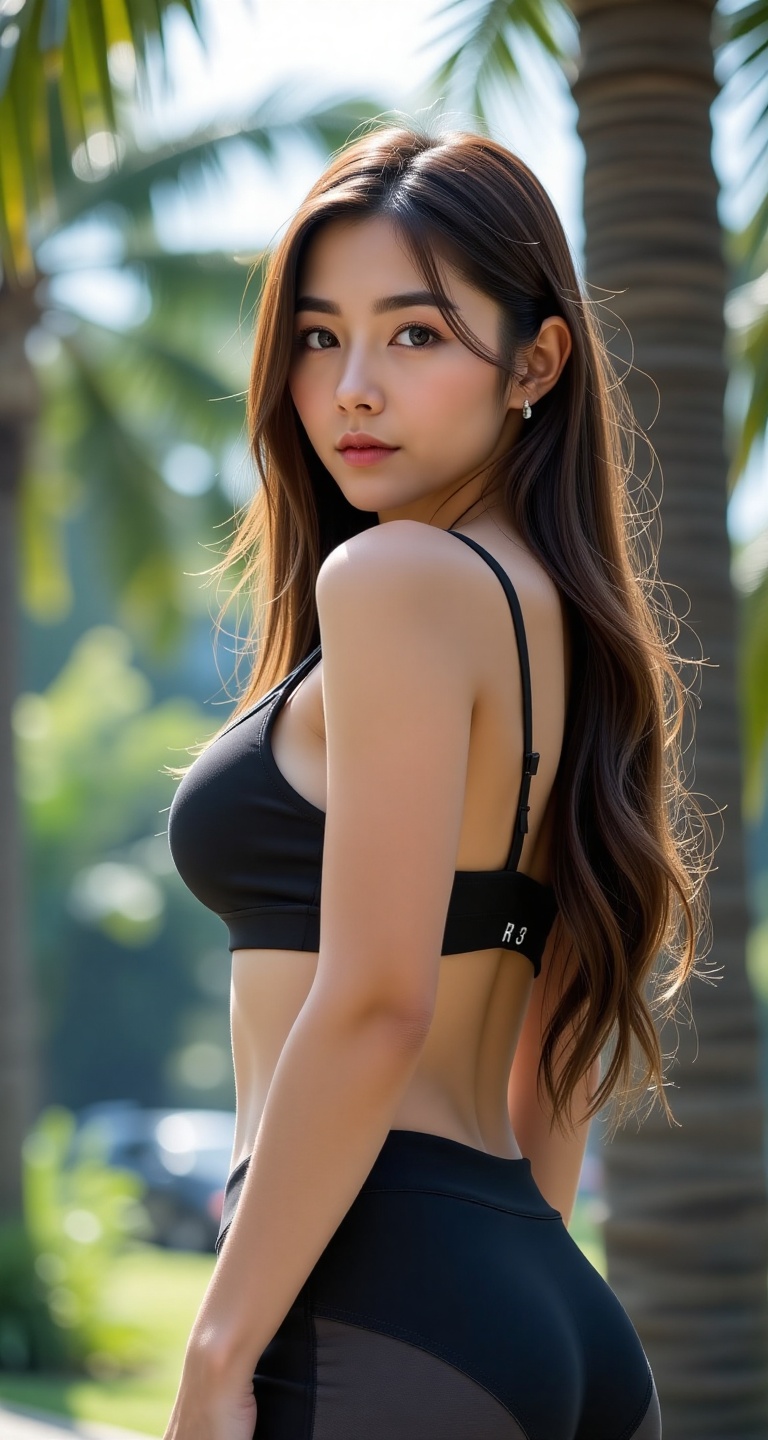 Create a realistic scene of a 1girl solo long hair breasts looking at viewer brown hair brown eyes standing ass focus outd...