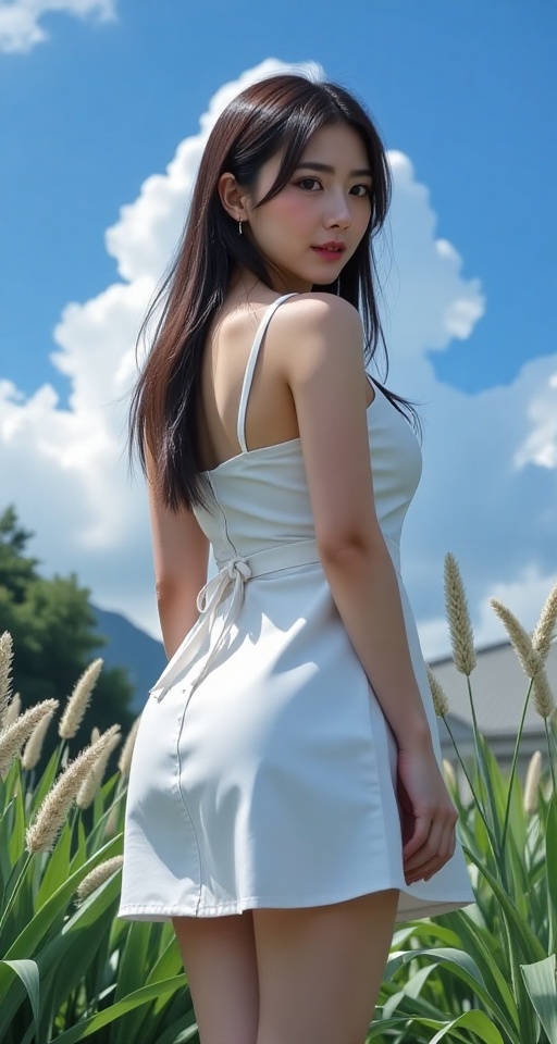 Create a realistic scene of a 1girl solo long hair breasts looking at viewer black hair dress brown eyes standing ass outd...