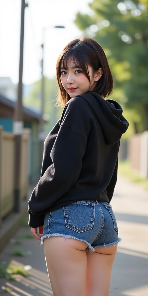 Create a realistic scene of a 1girl solo looking at viewer blush smile short hair bangs brown hair black hair long sleeves...