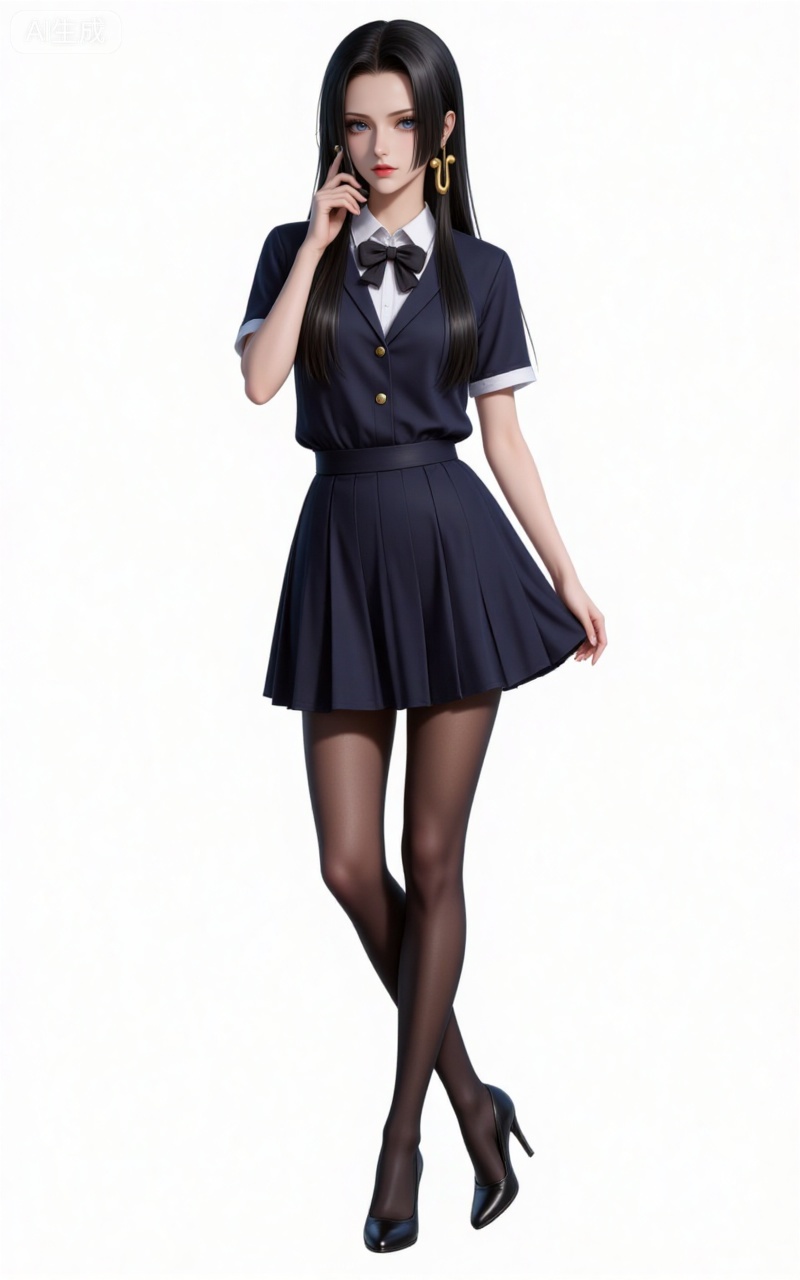 4K,CG,high quality,photorealistic,lvjing,baoshi,
blue eyes, black hair, long hair, forehead, eyelashes, straight hair, gold snake earrings, 
 1girl, pantyhose, solo, school uniform, skirt, phone, selfie, cellphone, serafuku, smartphone, holding phone, black pantyhose, high heels, full body, holding, bow, crossed legs, standing, 3/4 view,
