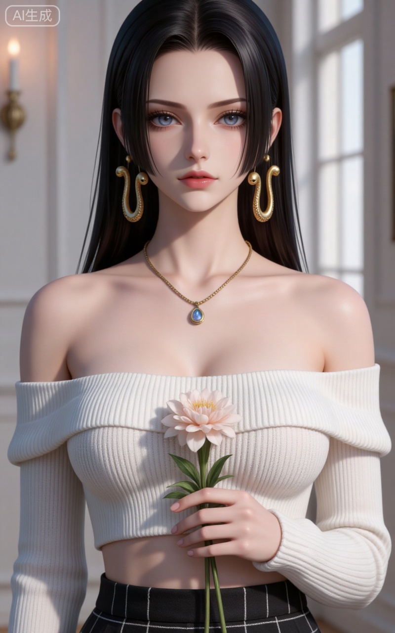 4K,CG,high quality,photorealistic,
blue eyes, black hair, long hair, forehead, eyelashes, straight hair, gold snake earrings, 
1girl,solo,skirt,off shoulder,off-shoulder sweater,jewelry,white sweater,holding flower,necklace,bare shoulders,holding,sweater,breasts,black skirt,plaid skirt,collarbone,plaid,blurry background,crop top,blurry,midriff,long sleeves,large breasts,
