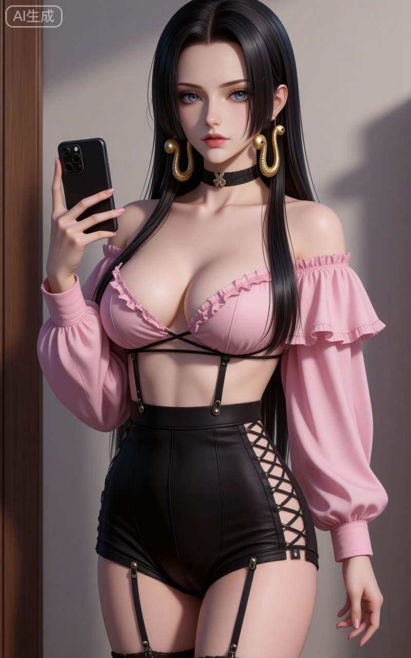 4K,CG,high quality,photorealistic,lvjing,baoshi,
blue eyes, black hair, long hair, forehead, eyelashes, straight hair, gold snake earrings, 
1girl,breasts,jewelry,phone,earrings,thighhighs,choker,solo,cleavage,cellphone,black choker,holding phone,bare shoulders,holding,smartphone,shirt,garter straps,black thighhighs,off-shoulder shirt,leotard,frills,selfie,collarbone,off shoulder,pink shirt,long sleeves,cross-laced clothes,standing,clothes hanger,closed mouth,cowboy shot,high-waist shorts,thighs,indoors,large breasts,see-through,shorts,medium breasts,
