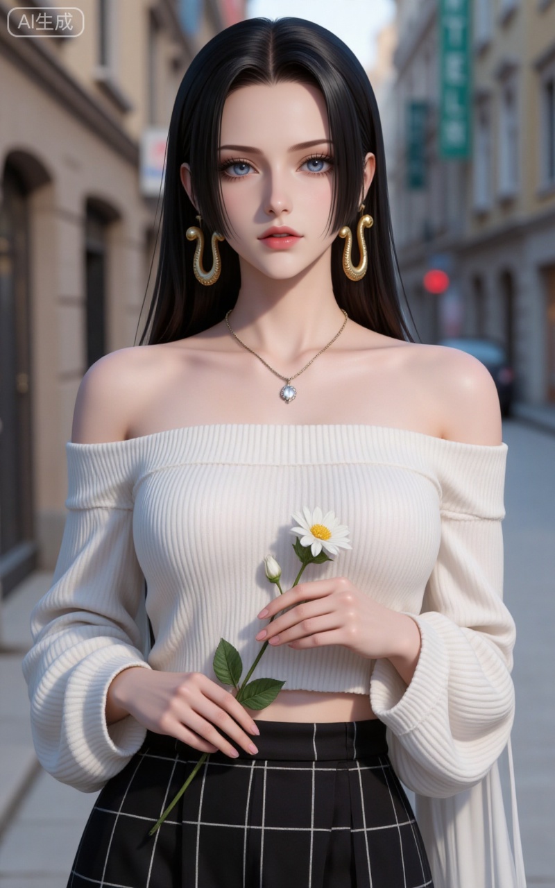 4K,CG,high quality,photorealistic,
blue eyes, black hair, long hair, forehead, eyelashes, straight hair, gold snake earrings, 
1girl,solo,skirt,off shoulder,off-shoulder sweater,jewelry,white sweater,holding flower,necklace,bare shoulders,holding,sweater,breasts,black skirt,plaid skirt,collarbone,plaid,blurry background,crop top,blurry,midriff,long sleeves,large breasts,
