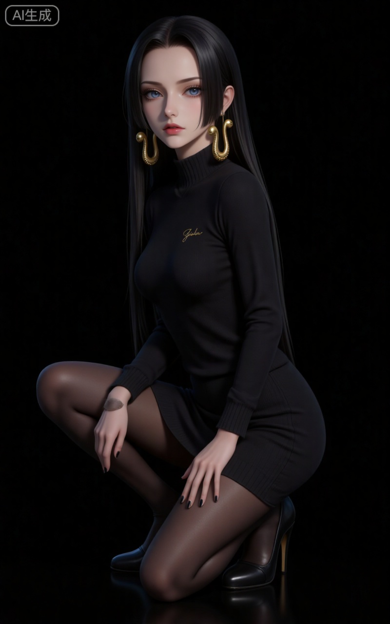 4K,CG,high quality,photorealistic,lvjing,baoshi,
blue eyes, black hair, long hair, forehead, eyelashes, straight hair, gold snake earrings, 
1girl,solo,pantyhose,high heels,looking at viewer,black footwear,squatting,sweater,full body,parted lips,black sweater,earrings,signature,black nails,long sleeves,parted bangs,jewelry,pencil skirt,skirt,bangs,turtleneck,nail polish,black pantyhose,dress,(Black background:1.2),simple background,
