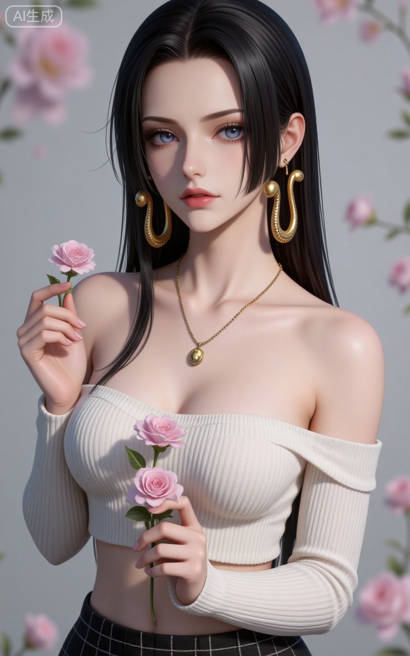 4K,CG,high quality,photorealistic,
blue eyes, black hair, long hair, forehead, eyelashes, straight hair, gold snake earrings, 
1girl,solo,skirt,off shoulder,off-shoulder sweater,jewelry,white sweater,holding flower,necklace,bare shoulders,holding,sweater,breasts,black skirt,plaid skirt,collarbone,plaid,blurry background,crop top,blurry,midriff,long sleeves,large breasts,
