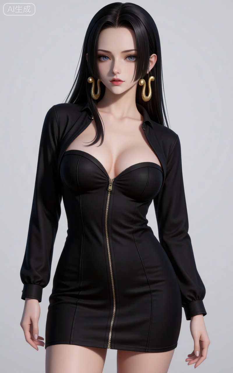 4K,CG,high quality,photorealistic,lvjing,baoshi,
blue eyes, black hair, long hair, forehead, eyelashes, straight hair, gold snake earrings, 
1girl,solo,breasts,cleavage,dress,large breasts,black dress,cowboy shot,partially unzipped,short dress,zipper,looking at viewer,long sleeves,simple background,arms at sides,
