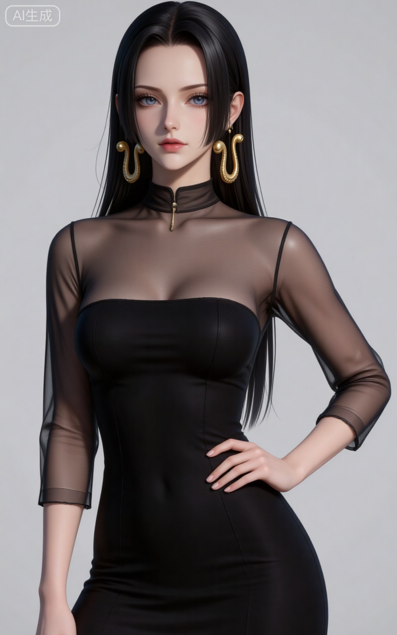 4K,CG,high quality,photorealistic,lvjing,baoshi,
blue eyes, black hair, long hair, forehead, eyelashes, straight hair, gold snake earrings, 
1girl,solo,jewelry,earrings,see-through,dress,upper body,black dress,hand on own hip,breasts,see-through sleeves, 
