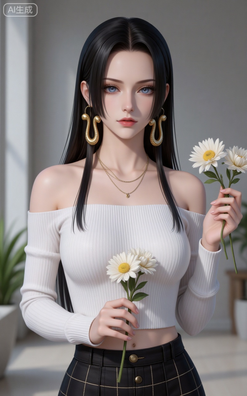 4K,CG,high quality,photorealistic,
blue eyes, black hair, long hair, forehead, eyelashes, straight hair, gold snake earrings, 
1girl,solo,skirt,off shoulder,off-shoulder sweater,jewelry,white sweater,holding flower,necklace,bare shoulders,holding,sweater,breasts,black skirt,plaid skirt,collarbone,plaid,blurry background,crop top,blurry,midriff,long sleeves,large breasts,
