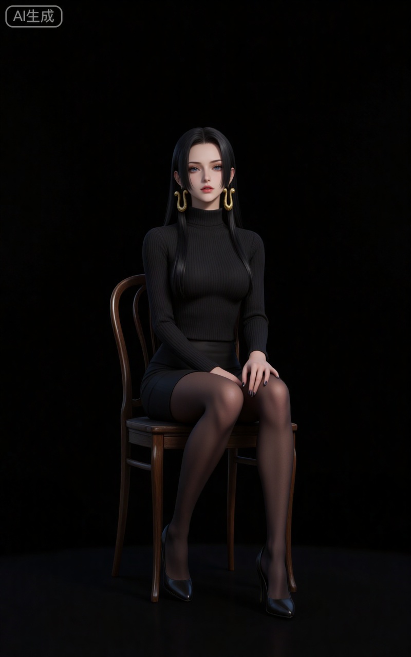 4K,CG,high quality,photorealistic,lvjing,baoshi,
blue eyes, black hair, long hair, forehead, eyelashes, straight hair, gold snake earrings, 
1girl,solo,pantyhose,high heels,looking at viewer,black footwear,sweater,full body,parted lips,black sweater,earrings,signature,black nails,long sleeves,parted bangs,jewelry,pencil skirt,skirt,bangs,turtleneck,nail polish,black pantyhose,dress,(Black background:1.2),simple background,sitting,chair,
