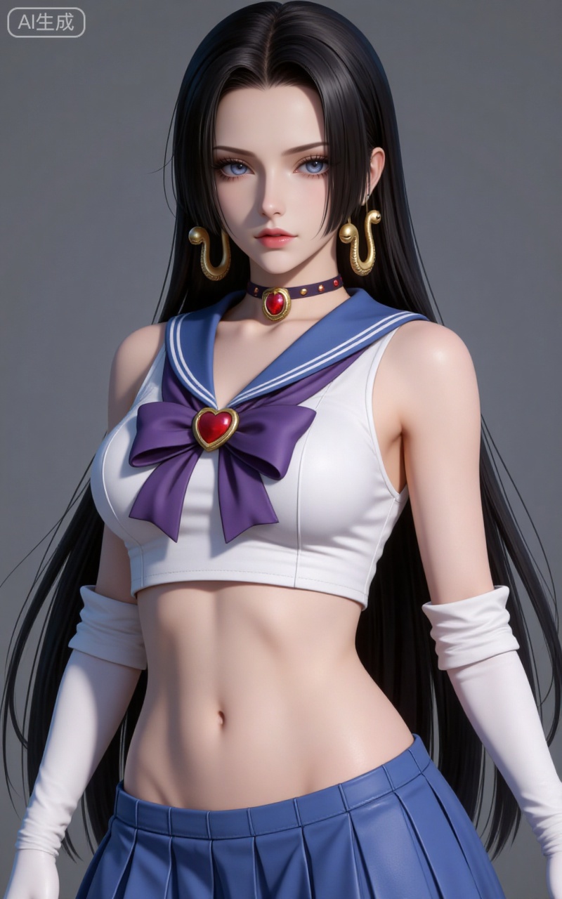 4K,CG,high quality,photorealistic,
blue eyes, black hair, long hair, forehead, eyelashes, straight hair, gold snake earrings, 
1girl,sailor senshi uniform,solo,jewelry,skirt,gloves,earrings,blue skirt,white gloves,sailor collar,bow,breasts,choker,elbow gloves,magical girl,back bow,covered navel,pleated skirt,looking at viewer,brooch,purple bow,heart brooch,red choker,miniskirt,closed mouth,large breasts,collarbone,red gemstone,tiara,cowboy shot,
