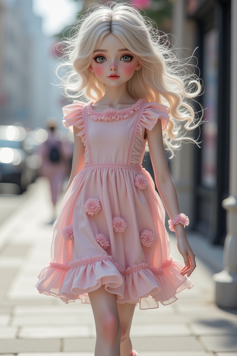 Full body street photography portrait of AnnRin_PorcelainBloom,  a porcelain doll style girl walking calmly on a city stre...