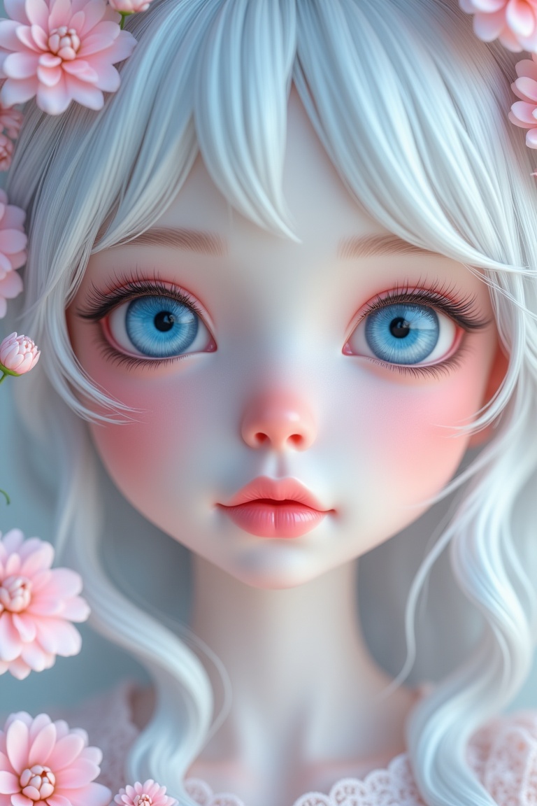 Close-up portrait of AnnRin_PorcelainBloom,  a porcelain doll style girl with smooth pale porcelain skin,  soft pink blush...