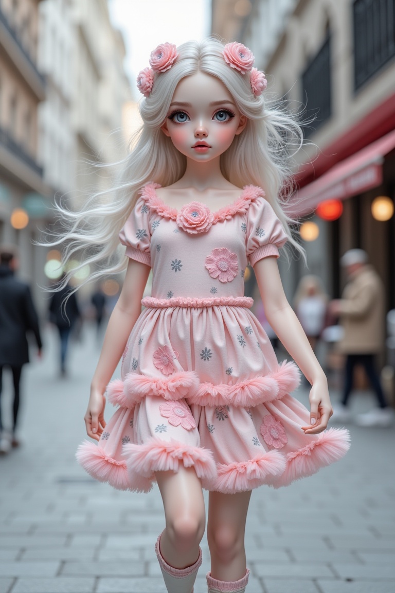 Full body street photography portrait of AnnRin_PorcelainBloom,  a porcelain doll style girl walking calmly on a city stre...
