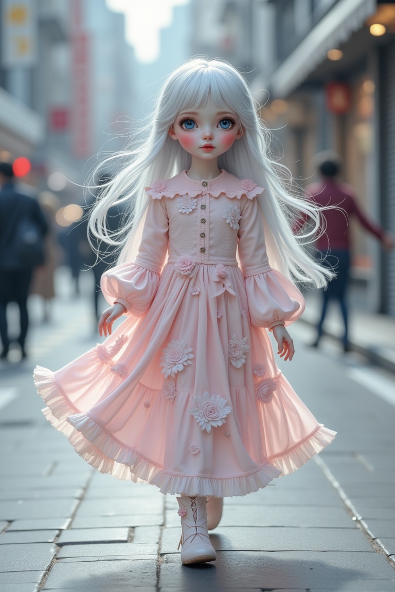 Full body street photography portrait of AnnRin_PorcelainBloom,  a porcelain doll style girl walking calmly on a city stre...
