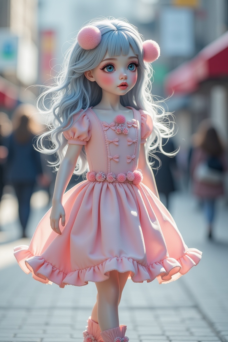 Full body street photography portrait of AnnRin_PorcelainBloom,  a porcelain doll style girl walking calmly on a city stre...