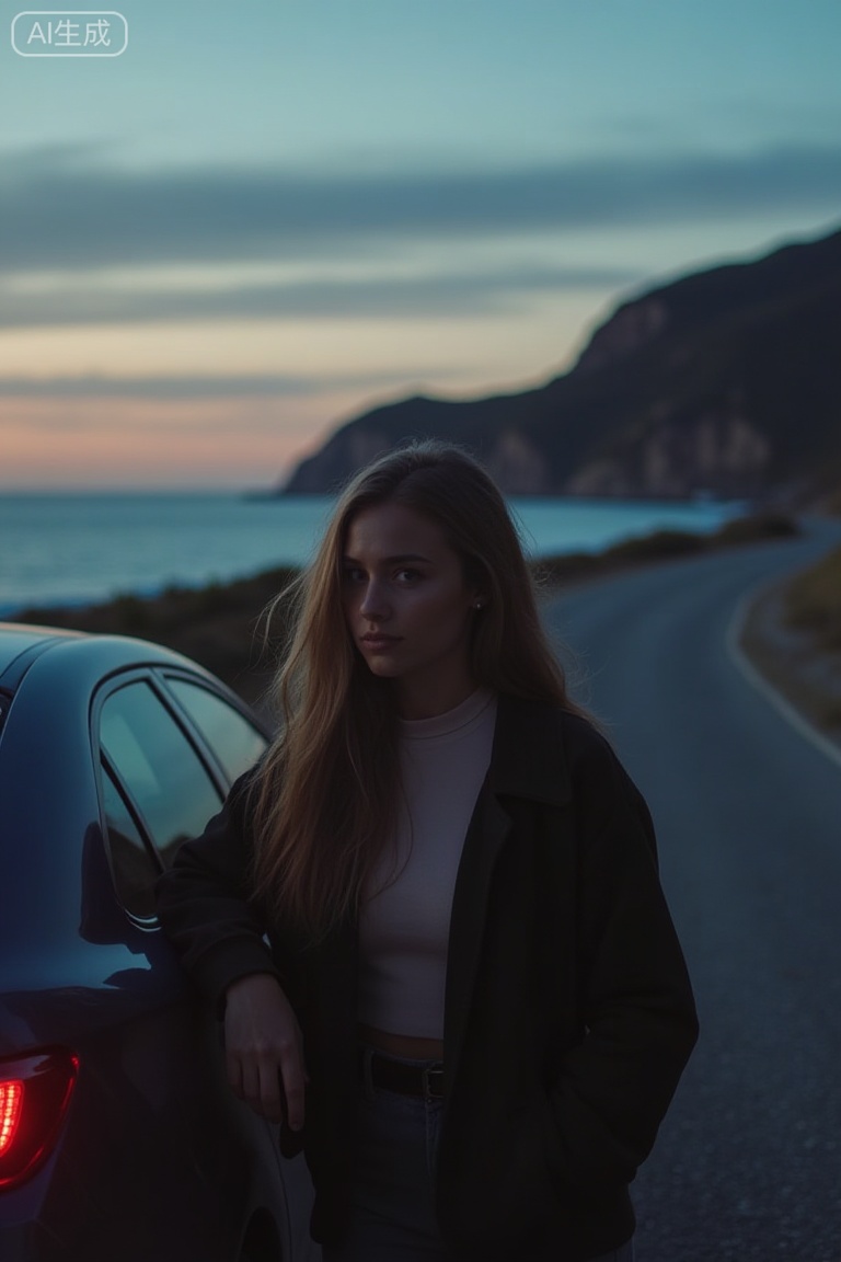 filmmood, a woman leaning against a parked car on a coastal road at dusk, headlights dim, salty wind, distant waves, quiet cinematic solitude, film grain, shallow depth of field, cinematic lighting