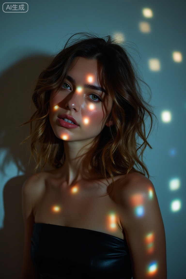 filmmood, an artistic and abstract portrait of a woman with messy wavy hair. She is illuminated by a patterned light source (gobo) that projects scattered squares or stars across her face and the wall behind her. The interplay of light and shadow creates a dreamlike, surreal quality. The color palette is muted, relying on the contrast of the light projections to define the formfilm grain, shallow depth of field, cinematic lighting,