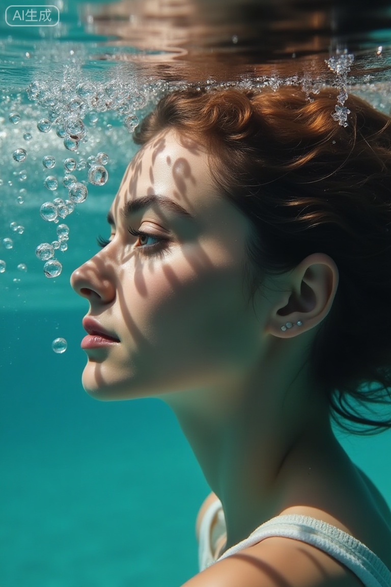 filmmood, a surreal underwater portrait. A woman's face is close to the water's surface, surrounded by bubbles and floating hair. The water creates a distortion effect, bending the light and