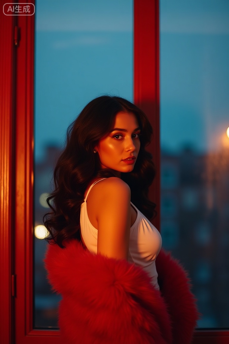 filmmood, a sophisticated nocturnal portrait of a woman with dark, elegant waves. She stands by a large, classic red window frame, looking over her shoulder. The background through the glass is a cool, twilight blue cityscape. She wears a white silk top and a bright red fur coat that matches the window frame. The lighting creates a classic "teal and orange" contrast, evoking a high-end European film aesthetic that is both romantic and mysterious.