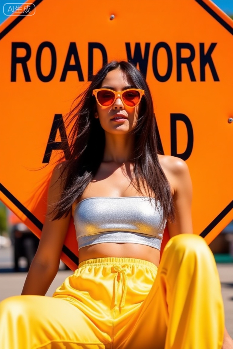 filmmood, a vibrant and high-key outdoor shot of a woman sitting against a bright orange "ROAD WORK AHEAD" sign. She wears orange-tinted sunglasses, a silver metallic tube top, and bright yellow satin joggers. Her dark hair is windblown across her face. The lighting is harsh, direct sunlight, creating saturated colors and crisp shadows. The image is a study in color coordination and urban textures, capturing a playful yet edgy cinematic travel vibe.