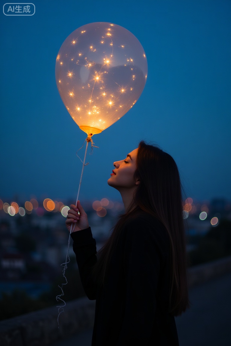 filmmood, a whimsical night scene of a woman holding a clear balloon filled with fairy lights. The balloon acts as the primary key light for her face, creating a soft, intimate glow against the cool, blue twilight sky. The background features a bokeh of distant city lights. The mood is magical, lonely but hopeful, resembling a still from a fantasy or romance film.