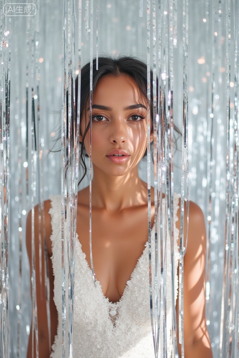 filmmood, a shimmering and high-fidelity cinematic shot of a woman looking through a curtain of silver tinsel. She wears a white floral-patterned sequin dress that catches the light. The scene is bright and airy, with thousands of tiny star-shaped lens flares (cross-screen effect) sparkling from the tinsel and sequins. The lighting is clean and directional, emphasizing her curious expression and the crystalline textures. The mood is magical, festive, and stylish.