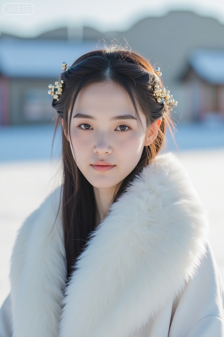 a girl for cgart_mayfly\(model\) test, in (pure white:1.5) dress, long hair cascading over her shoulders, winter hanfu, fur collar,(looking_at_viewer),smile. BREAK, adorned with a golden headband on her hair, which shone even more brilliantly in the snow. Her attire was like that of a fairy woman. she was only around 15 or 16 years old, with skin as white as snow, delicate and beautiful beyond words. BREAK,Snow, Edge lighting, the traditional Chinese boat, 35mm photograph, shot by Leica M50 f/2.8